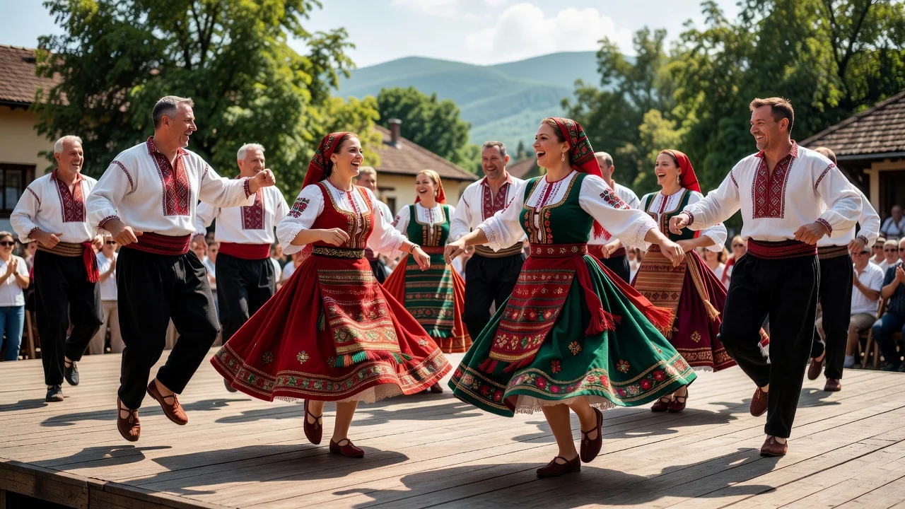 Фолклорна танцова формация в български народни носии на сцена